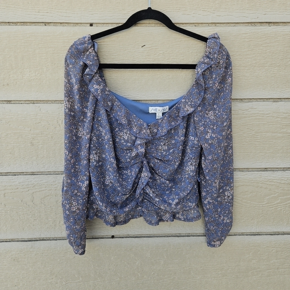 NWT She + Sky Zane ruffled top in Dusty Blue cropped large small flaw